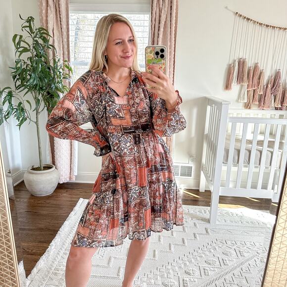 Hayden Paisley Patchwork Ruffle Neck Chiffon Tunic Dress - Picture 2 of 10